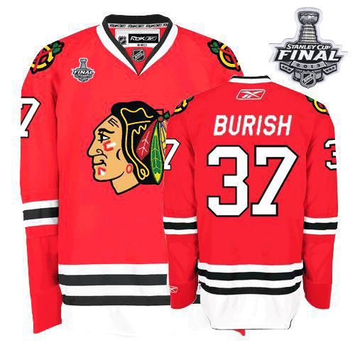 Reebok EDGE Chicago Blackhawks 37 Adam Burish Authentic Red Home With 2013 Stanley Cup Finals Jersey