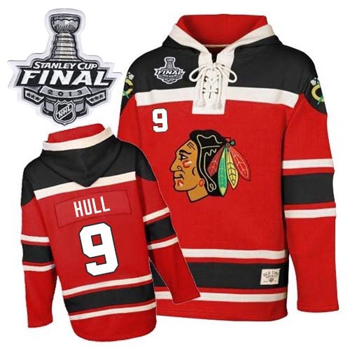 Old Time Hockey Chicago Blackhawks 9 Bobby Hull Red Sawyer Hooded Sweatshirt Authentic With 2013 Stanley Cup Finals Jersey