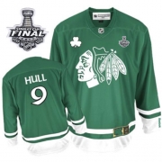 Reebok EDGE Chicago Blackhawks 9 Bobby Hull Authentic Green St Pattys Day With 2013 Stanley Cup Finals Jersey