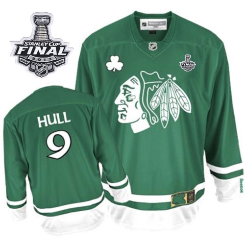 Reebok EDGE Chicago Blackhawks 9 Bobby Hull Authentic Green St Pattys Day With 2013 Stanley Cup Finals Jersey