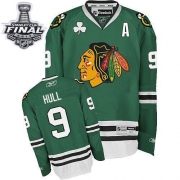 Reebok EDGE Chicago Blackhawks 9 Bobby Hull Authentic Green With 2013 Stanley Cup Finals Jersey
