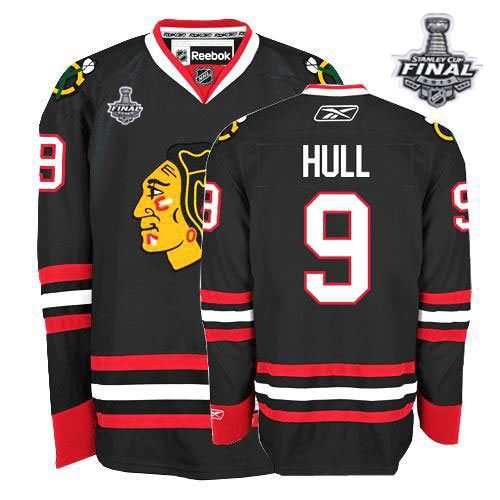 Reebok EDGE Chicago Blackhawks 9 Bobby Hull Authentic Black With 2013 Stanley Cup Finals Jersey