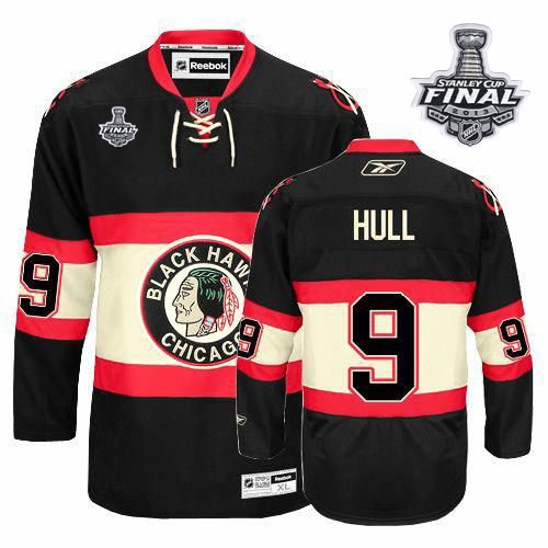 Reebok EDGE Chicago Blackhawks 9 Bobby Hull Authentic Black New Third With 2013 Stanley Cup Finals Jersey