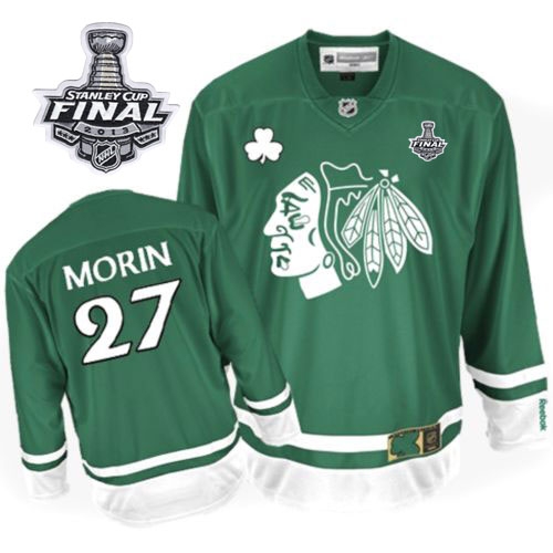 Reebok Chicago Blackhawks 27 Jeremy Morin Premier Green St Pattys Day With 2013 Stanley Cup Finals Jersey