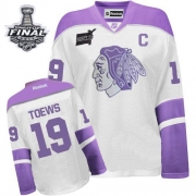 Reebok Chicago Blackhawks 19 Jonathan Toews White/Purple Womens Thanksgiving Edition Premier With 2013 Stanley Cup Finals Jersey