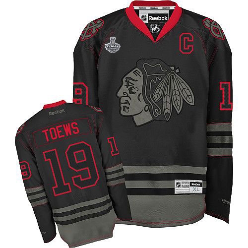 Reebok EDGE Chicago Blackhawks 19 Jonathan Toews Black Ice Authentic With 2013 Stanley Cup Finals Jersey
