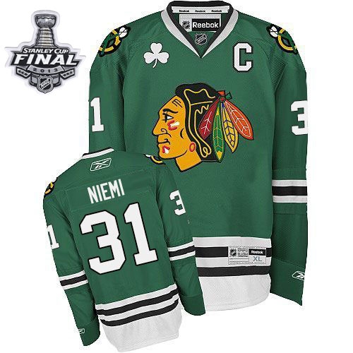 Reebok EDGE Chicago Blackhawks 31 Antti Niemi Authentic Green With 2013 Stanley Cup Finals Jersey