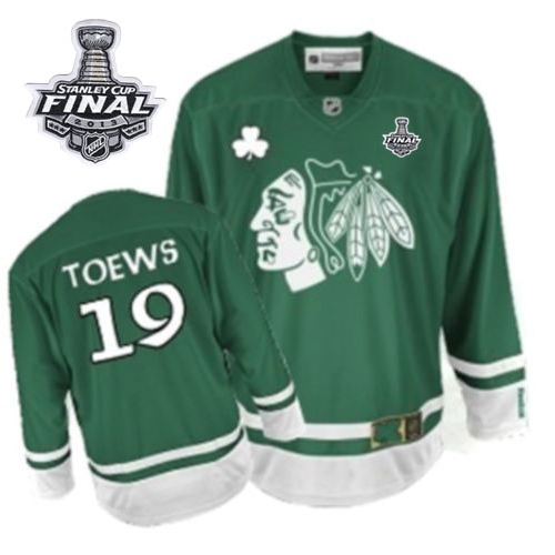 Reebok Chicago Blackhawks 19 Jonathan Toews Premier Green St Pattys Day With 2013 Stanley Cup Finals Jersey