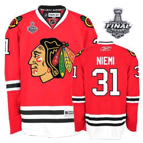 Reebok EDGE Chicago Blackhawks 31 Antti Niemi Authentic Red Home With 2013 Stanley Cup Finals Jersey