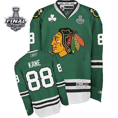Youth Reebok Chicago Blackhawks 88 Patrick Kane Premier Green With 2013 Stanley Cup Finals Jersey